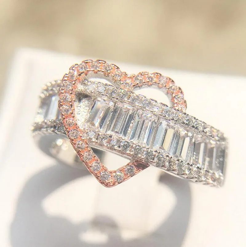 

Classical Jewelry 925 Sterling Silver Princess White Clear Cubic Zirconia Double Color Enternity Women Wedding Heart Band Ring