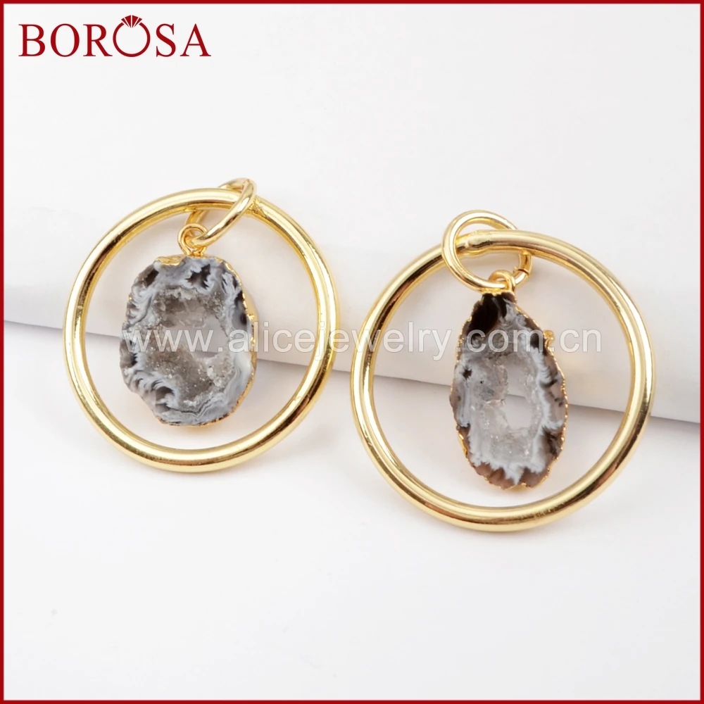 

BOROSA 5PCS Gold/Silver Color Natural Agates Druzy Slice Pendant Bead Drusy Charms for Necklace Jewelry G1516 S1516