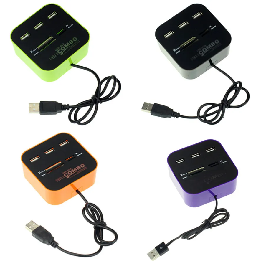 Лучшая цена Новый 3 портовый концентратор + USB 2 0 устройство для чтения карт памяти
