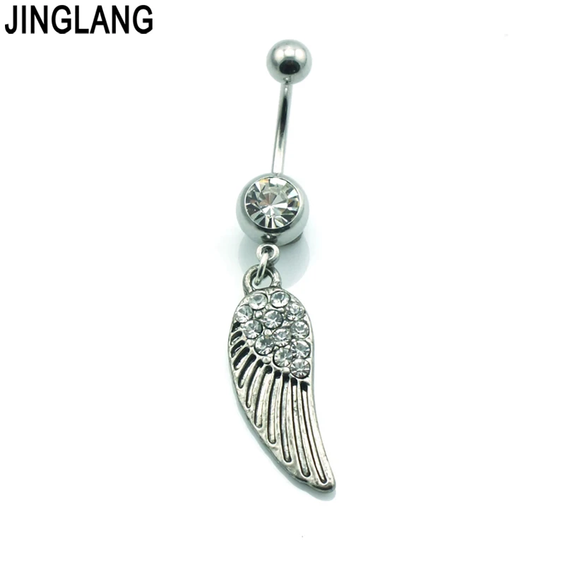 Кольца для пупка JINGLANG из нержавеющей стали 316L с подвеской из страз и перышком, гипоаллергенные ювелирные изделия.
