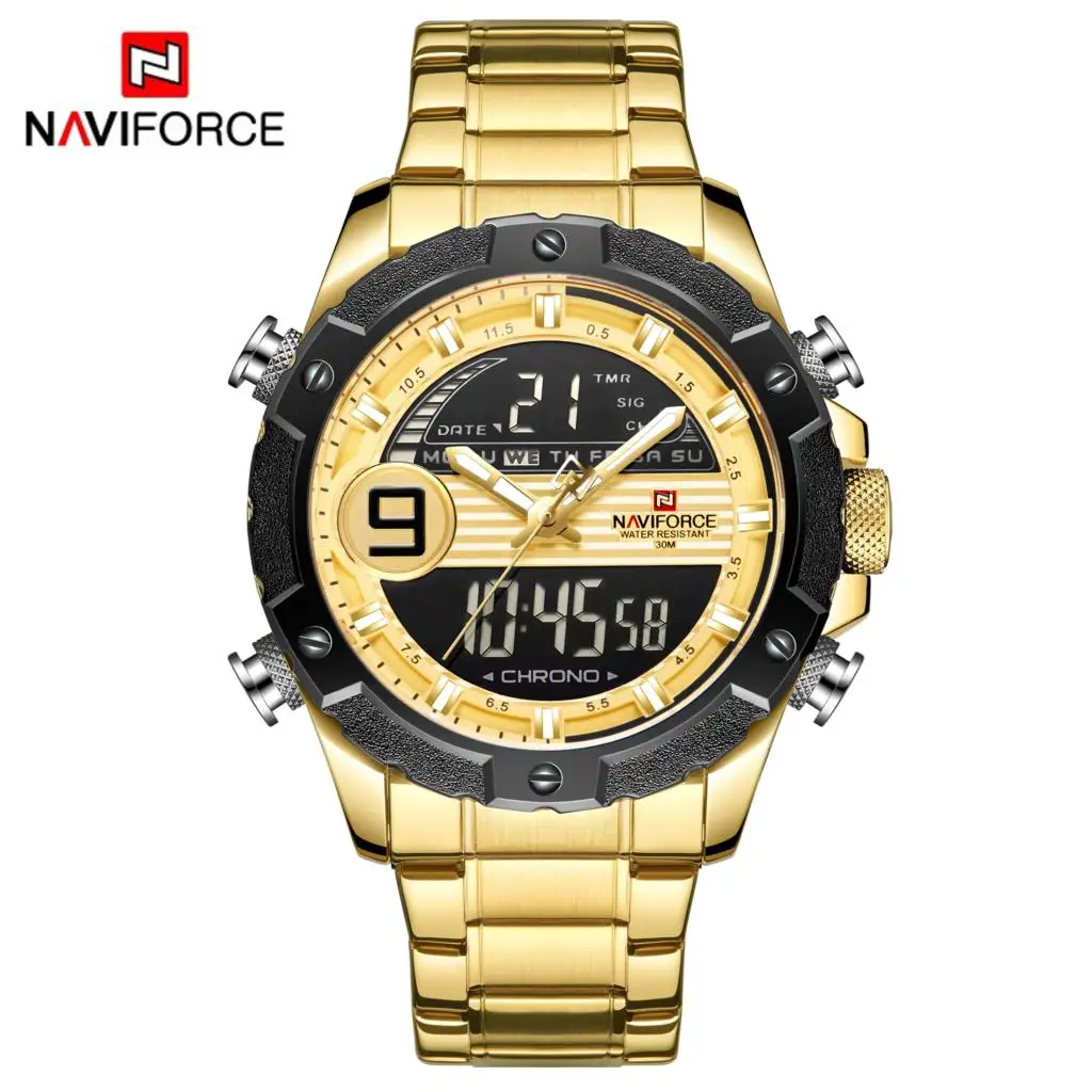 NAVIFORCE для мужчин часы неделю Дата таймер с циферблатом двойной дисплей Кварц цифровой 3Bar водостойкие наручные часы Черное золото - Цвет: Gold