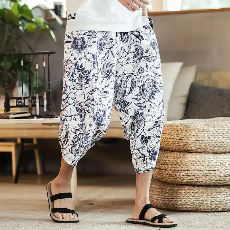 Шорты мужские пляжные с цветочным принтом хлопок и лен повседневные до щиколотки