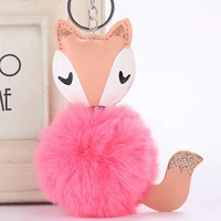 2018 cute pink fluffy pompom shining fox keychain women faux rabbit fur ball pompon key chain car bag pom pom key holder gift