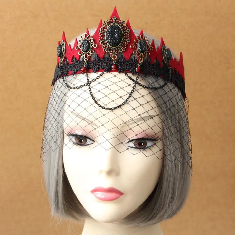 Red Fabric Felt and Black Cabs Crown Shape Handband Women`s Mesh Veil |