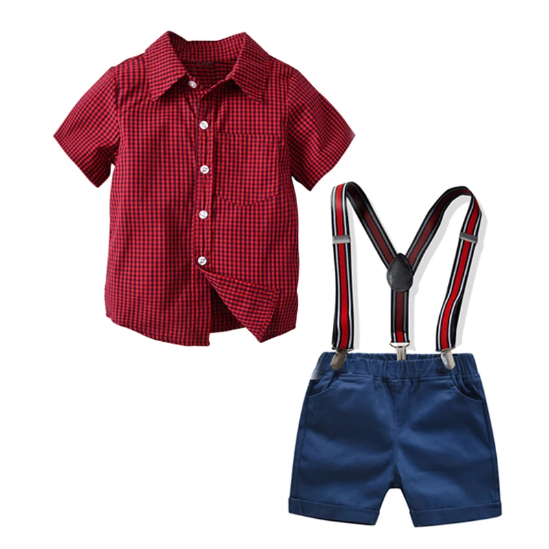 2-7 Years Baby Boy Clothes Red Plaid Shirt + Nary Shorts with Suspender Belt Suits Children Casual Gentleman Wedding Boys | Детская
