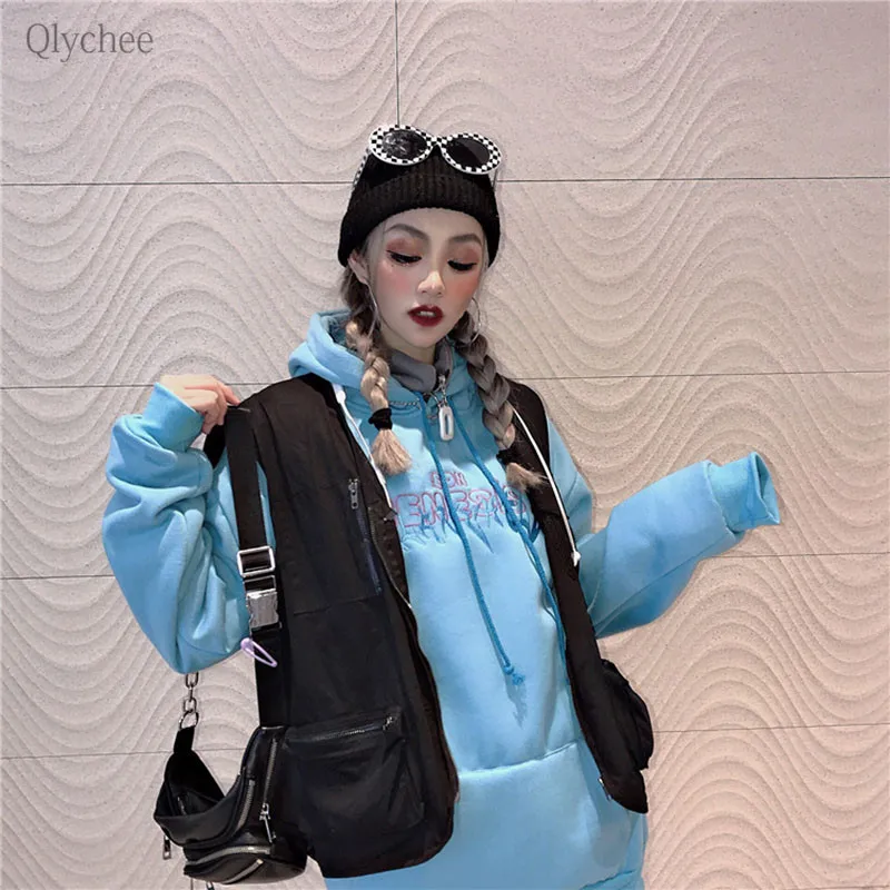 Qlychee письмо вышивка синий толстовки с капюшоном Женский длинным рукавом карман