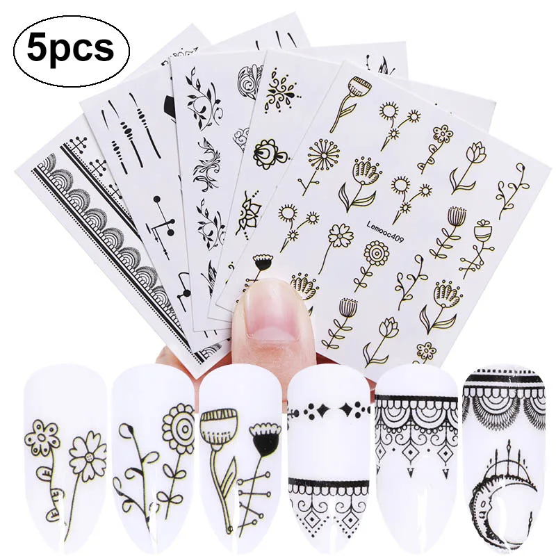 set 8 5pcs LEMOOC 1 набор, смешанный дизайн, набор наклеек для дизайна ногтей, Черное кружево, золотой, серебряный блеск, цветок, водная наклейка, слайдер, обертывания, Декор, маникюр - Цвет: set 8 5pcs