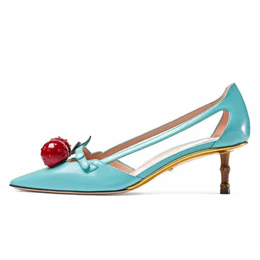 Light Blue Cherry Ремень сандалии насосы звезда средняя пятка Мэри Джейн Настоящая кожа Указательный палец Женская обувь высокие каблуки котенок мода Китай новая китайская Лето вишня - Цвет: Light Blue Cherry