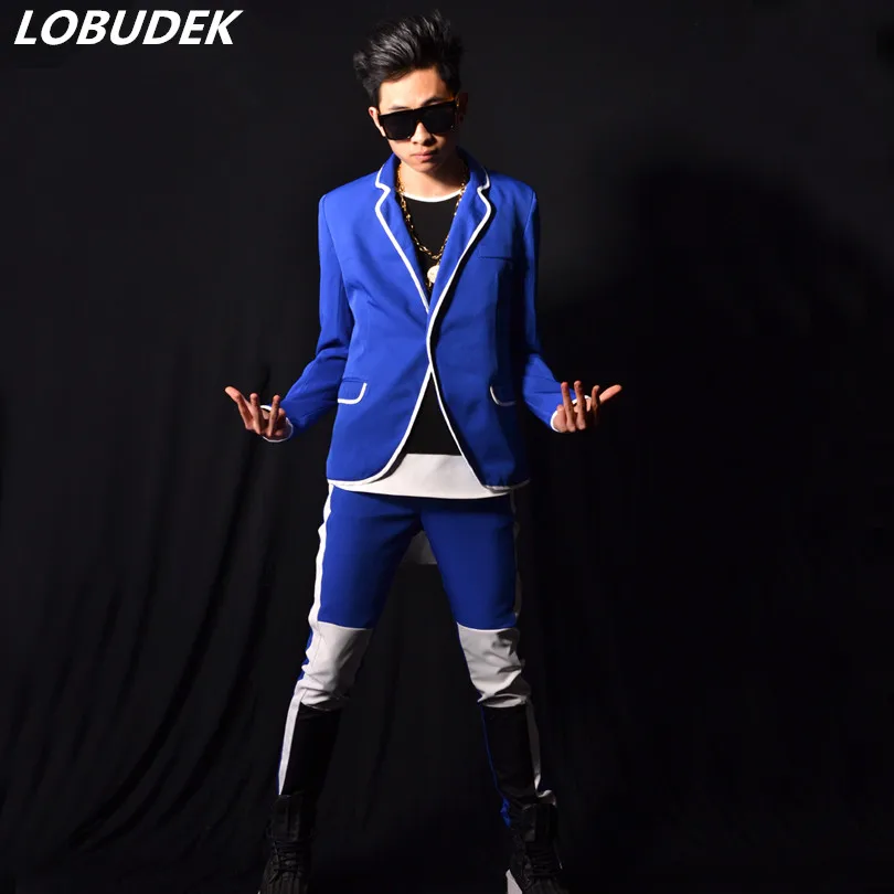 

Men Blue White Stitching Suit Punk Style Tide Male Singer Starts Dancer Stage Outfit Bar Nightclub Concert Performance Costume