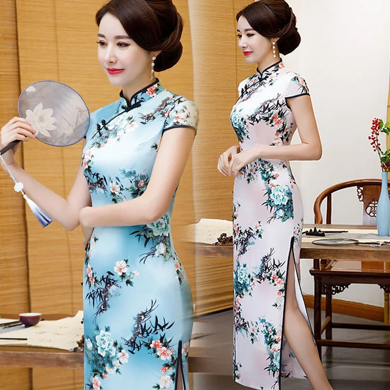 Sheng Coco 4XL длинный Vestido традиционная китайская одежда женский Чонсам платья наклонная Пряжка цветы шелк розовый плюс Размер Qipao