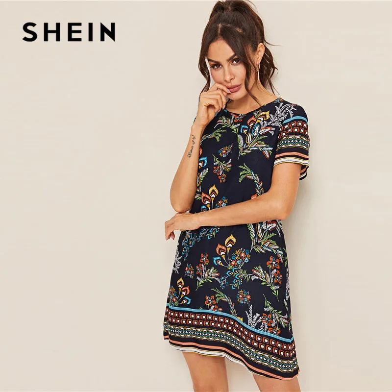 SHEIN летнее женское платье-туника с разноцветным принтом и замочной скважиной на спине,, короткий рукав, круглый вырез, бохо платье, прямое свободное мини-платье