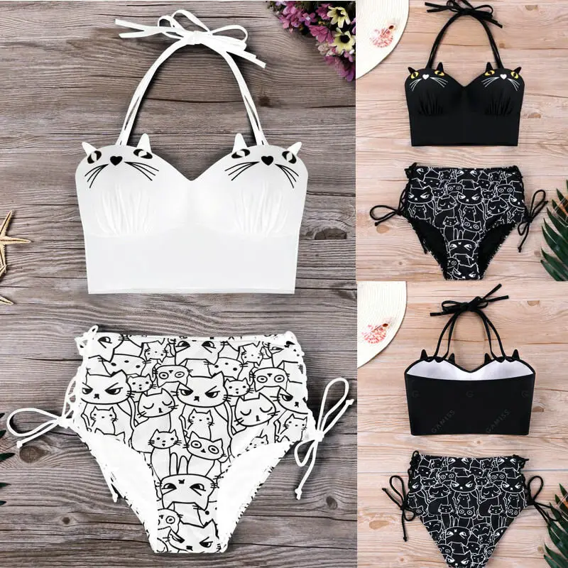 Женский купальник танкини из двух частей с милым рисунком кота сексуальный