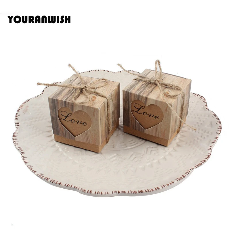Candy Boxes Love Heart Kraft Box Paper Gift with Burlap Jute Shabby Chic Twine Wedding Favor Valentine's Day and Part | Дом и сад