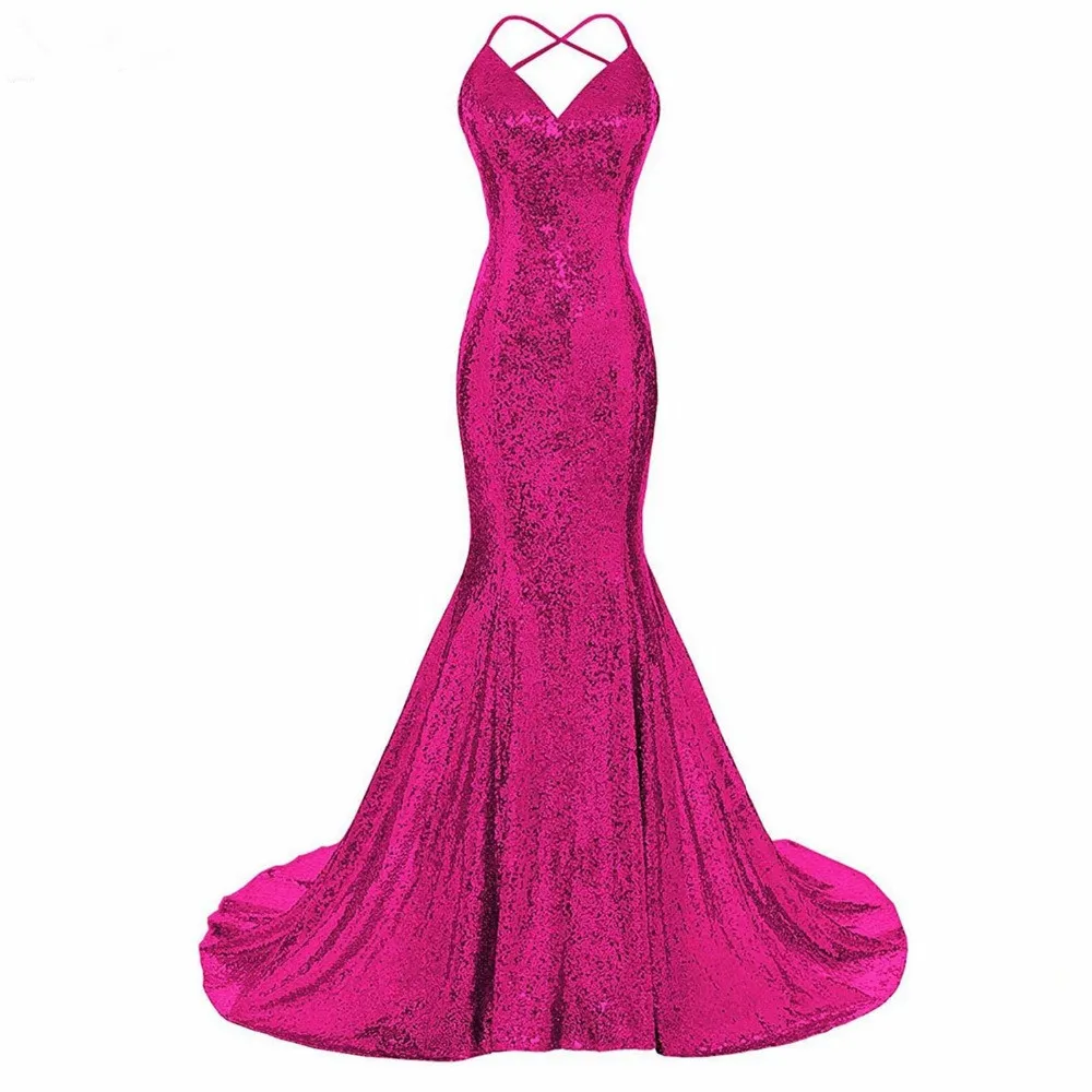 Fuchsia JaneVini Bling розовое золото блестками Русалка Длинные платья подружек невесты для женщин V средства ухода за кожей шеи спинки пикантны - Цвет: Fuchsia