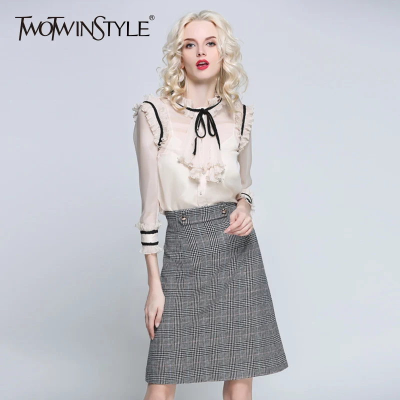 Блузка TWOTWINSTYLE весенняя винтажная с длинным рукавом воротником стойкой|Блузки| |