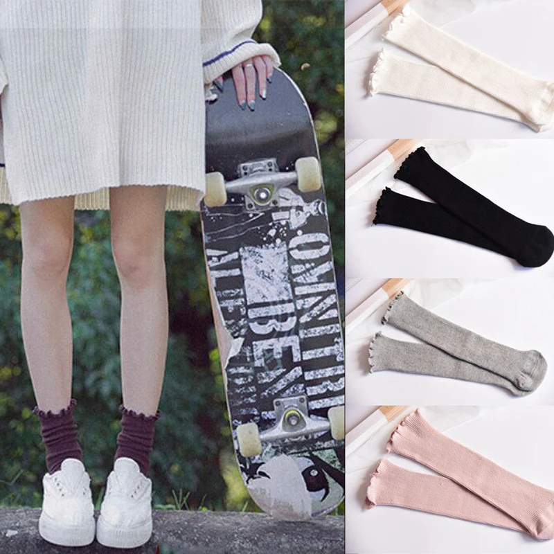 Модные милые женские хлопковые однотонные вязаные повседневные чулки до