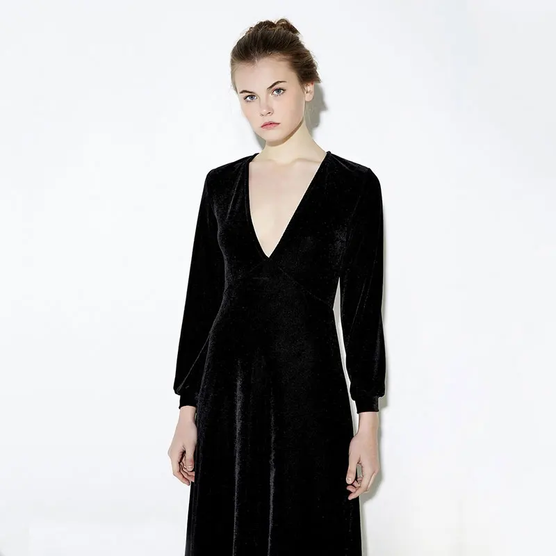 Black HDY Haoduoyi осеннее модное женское черное бархатное платье макси с длинными рукавами Vestidos Вечернее платье с глубоким вырезом - Цвет: Black
