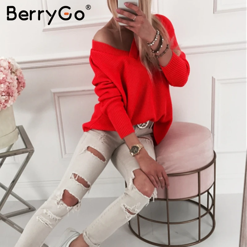 BerryGo пикантные осенние женские вязаные пуловеры с v-образным вырезом свитер на