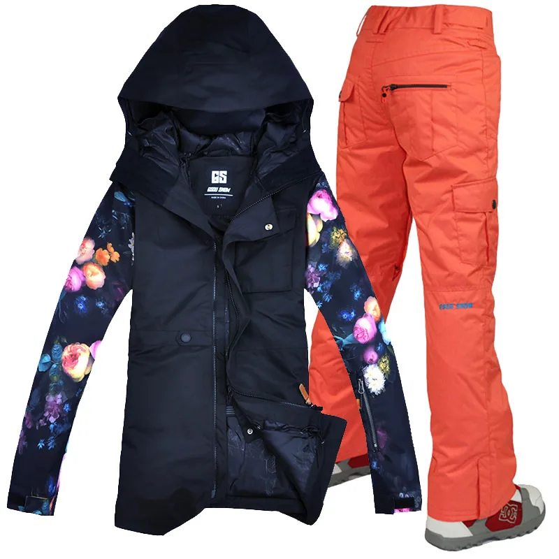 orange pants Gsou зимняя куртка для женщин, лыжный костюм, женская зимняя куртка и штаны, ветрозащитная водонепроницаемая цветная одежда - Цвет: orange pants