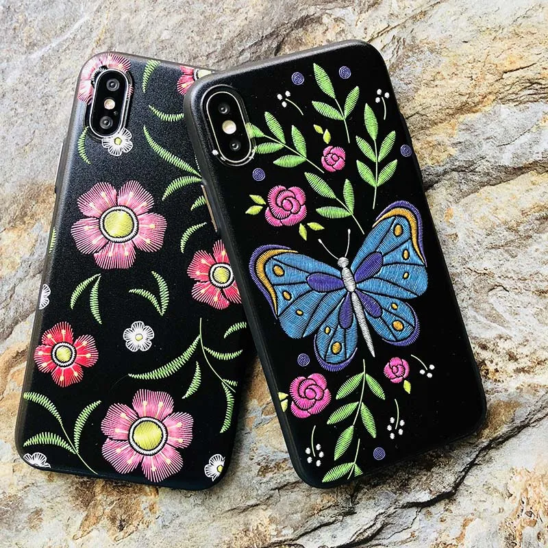 Kerzzil For iPhone 7 Plus Embroidery Rose Flower Butterfly Phone Case Soft TPU Silicon Cases Cover X 8 6 6s |