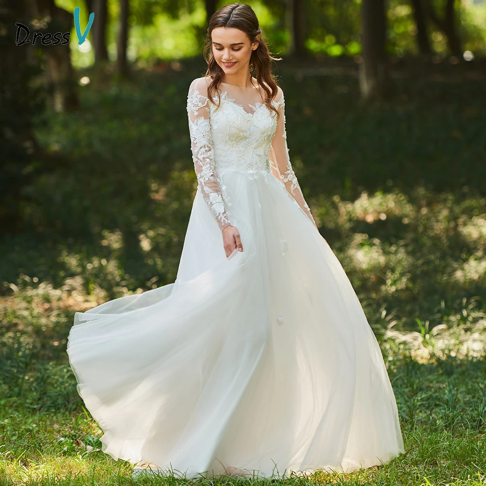 

Dressv ivory wedding dress scoop neck zipper up a line long sleeves bridal lace elegant outdoor&church custom wedding dresses