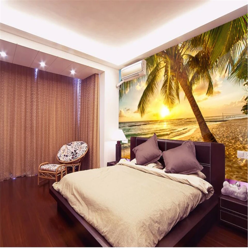 Обои на заказ с изображением Морского Пейзажа заката кокосовой пальмы пляжа|fresco