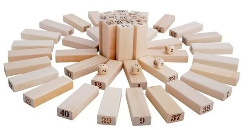 

Pine Wooden Tower Toy Wood Building Blocks Toy Domino 54pcs Stacker Extract Building Educational Game Gift 4pcs Dice
