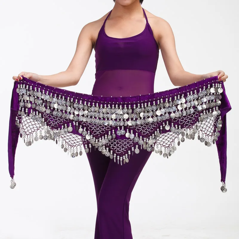 Purple Silver Женский костюм для танца живота, пояс на бедрах, 320 монет, цепочка для танца живота, Индийские танцы Болливуд, пояс с монетами, танцевальная одежда для леди - Цвет: Purple Silver