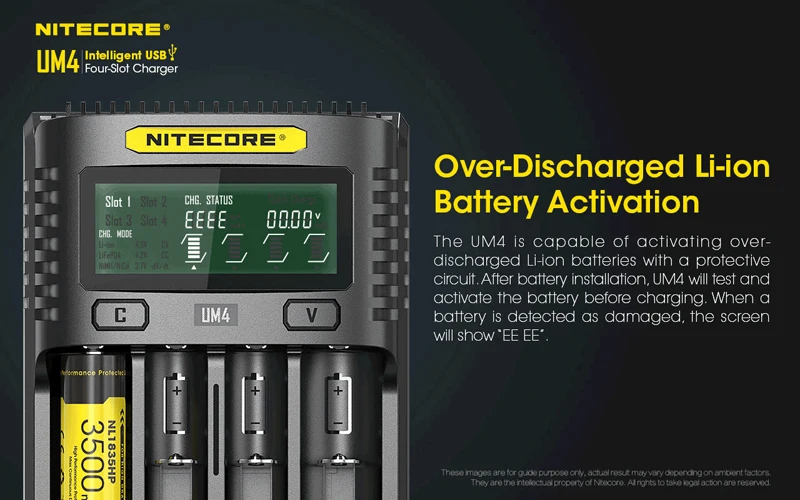 Интеллектуальное зарядное устройство Nitecore UM4 с четырьмя слотами USB, совместимое с аккумулятором IMR Li-Ion LiFePO4 Ni-MH Ni-Cd