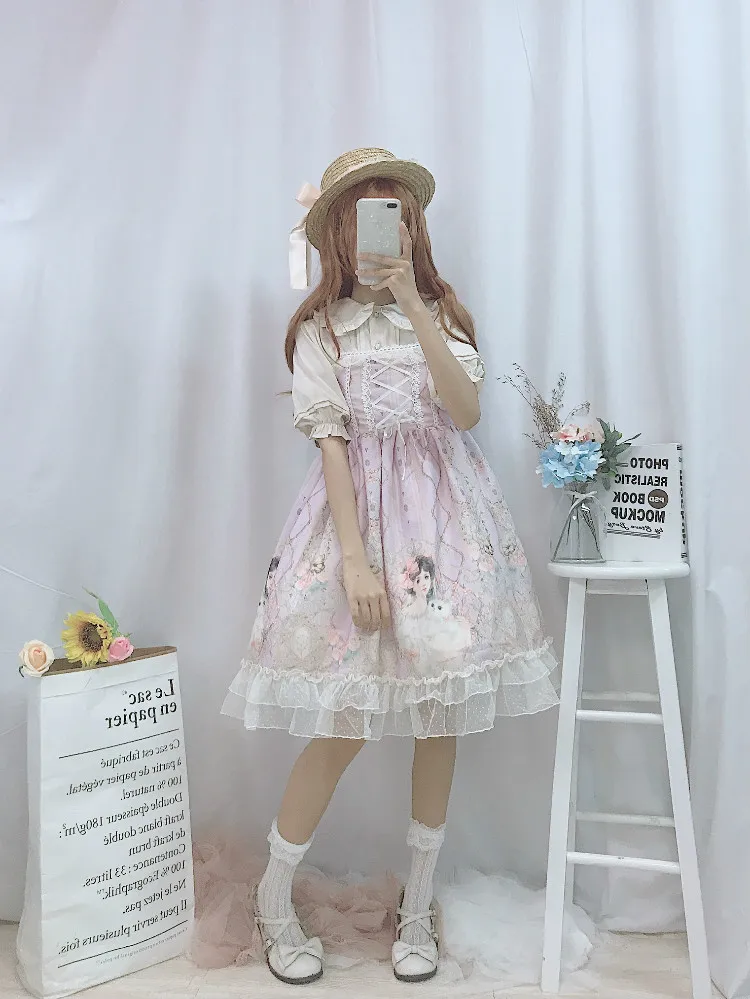 Платье Лолиты, японское платье JSK Kawaii, сказочное платье на бретелях, женское летнее платье, мягкое милое платье лолиты для девочек
