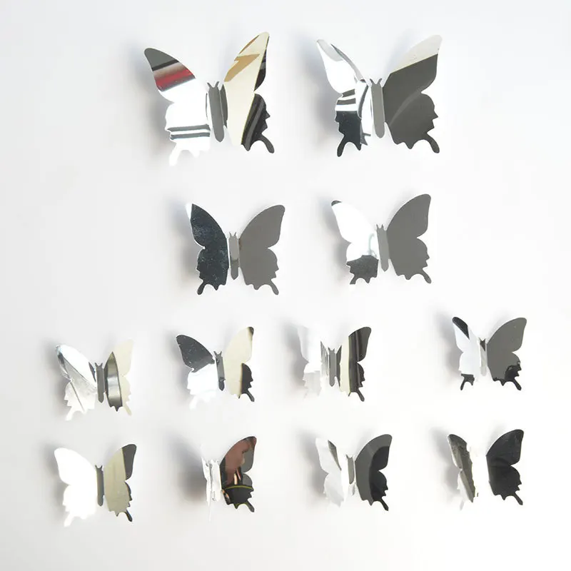 12 шт./компл. Новое поступление зеркало серебряного цвета 3D настенное украшение в виде бабочки Стикеры s вечерние Свадебный декор DIY дома настенные декоративные наклейки 5 цветов - Цвет: Silver