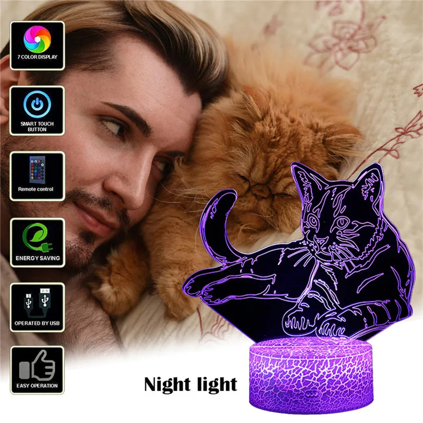 Ночник с 3d изображением кошки светодиодный светильник изменяемым настроением 7