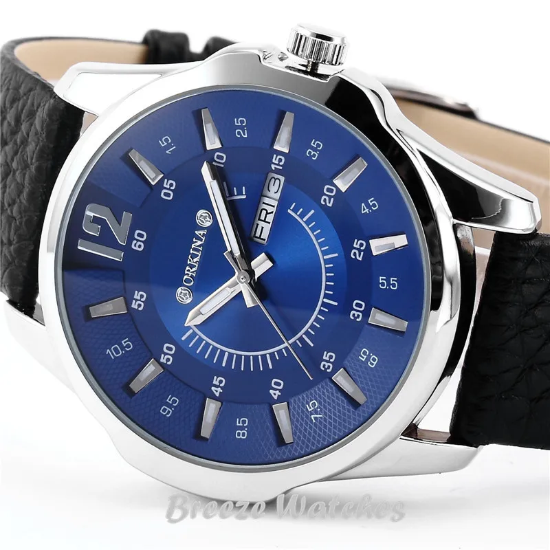 

MG. ORKINA Shockproof Water Resistant Silver-tone Case Blue Dial Date Calendar Display Quartz Crystal Brand Watch Reloj Hombre