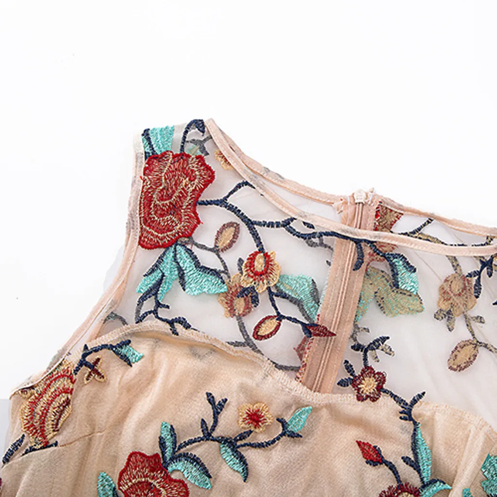 Womens Floral Embroidery Dress Summer 2019 Lace O-Neck Sleeveless Dresses Ladies Holiday Maxi Robe Femme | Женская одежда