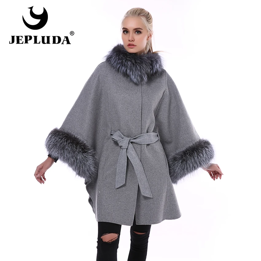 JEPLUDA Женское Пальто Натуральный Мех Лиса Pоскошный Меховой Воротник и Рукава Plus