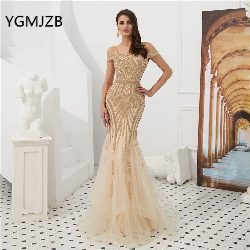 

Dubai Luxury Evening Dress Long 2019 Tulle Crystal Off Shoulder Sleeveless Mermaid Prom Dress Elegant Formal Party Gown