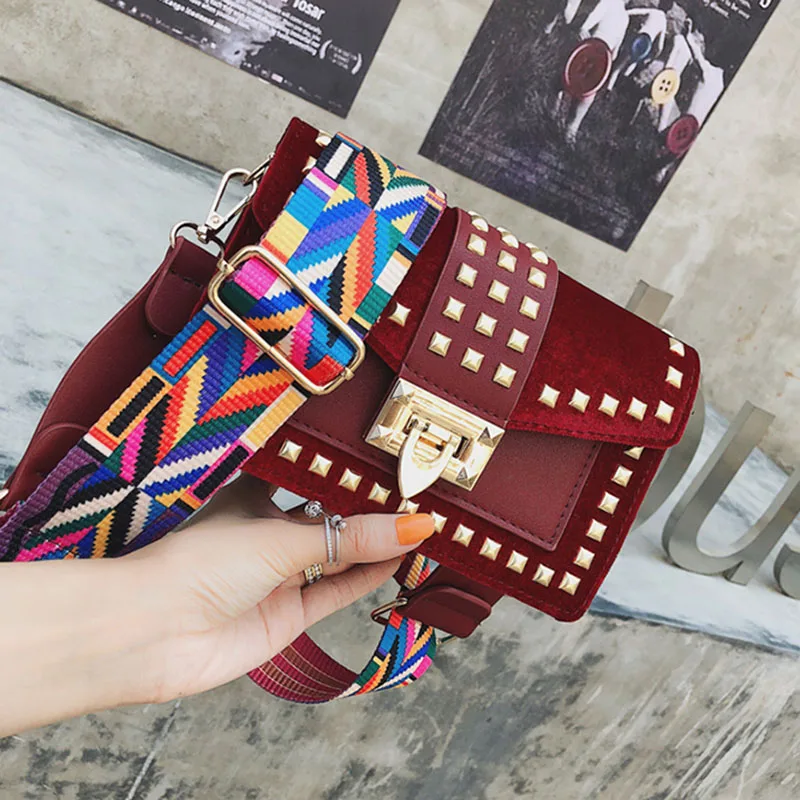 Высококачественная бархатная женская сумка через плечо с разноцветным широким