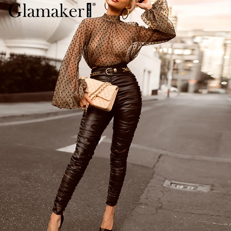 Glamaker Повседневная сетчатая Сексуальная Блузка в горошек женская шифоновая укороченная блузка с длинным рукавом-фонариком Летняя женская элегантная черная блузка рубашка