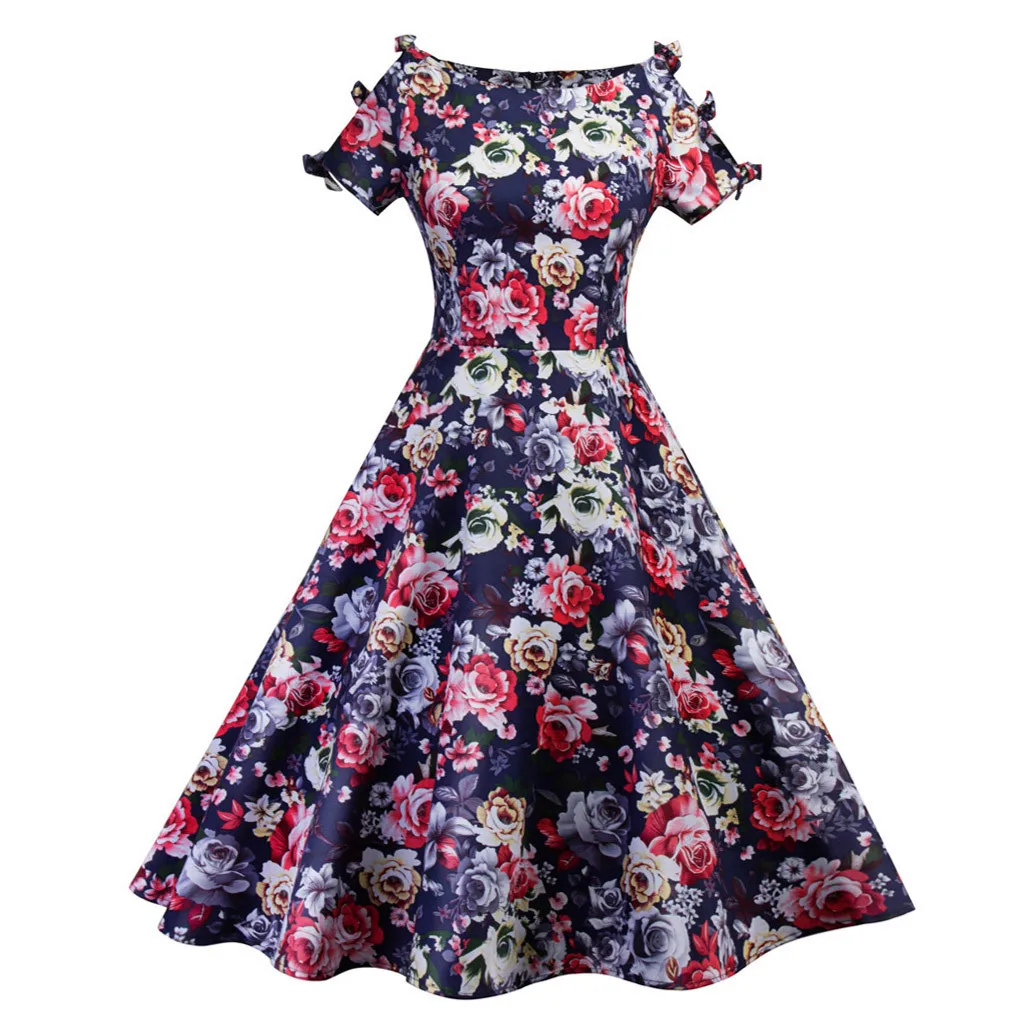 Женское платье трапециевидной формы с цветочным принтом открытыми плечами