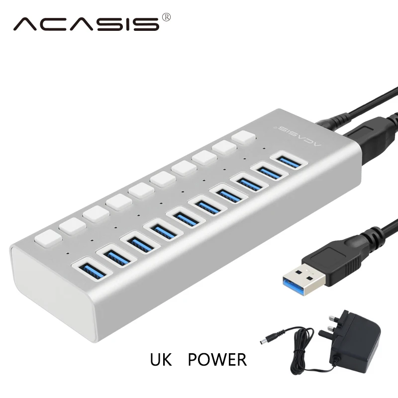 Acasis usb-хаб 3,0 10 портов супер скорость 5 Гбит/с Портативный USB 3,0 концентратор разветвитель с внешним адаптером питания ПК для аксессуаров - Цвет: UK  Aluminum silver