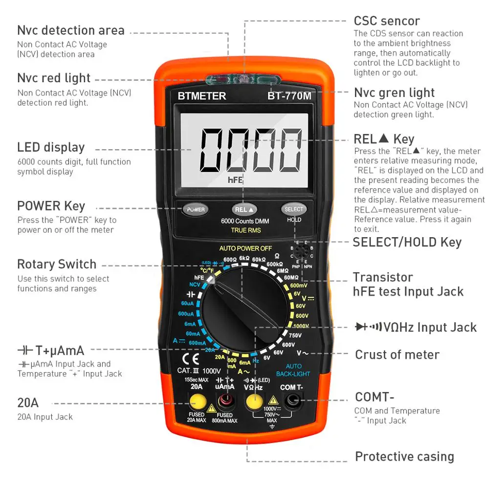 BTMETER BT-770M мультиметр Универсальный измеритель 6000 количество, NCV, диод, AC& DC напряжение, AC& DC ток, сопротивление, емкость
