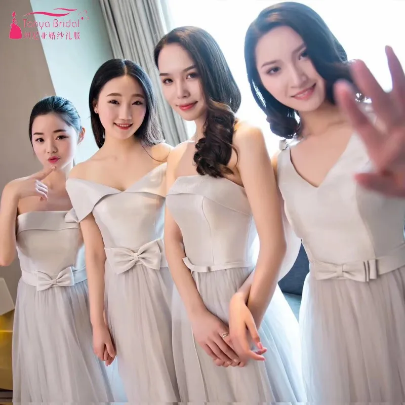 Трапециевидные дешевые платья подружки невесты жемчужно розовые/Серебристые