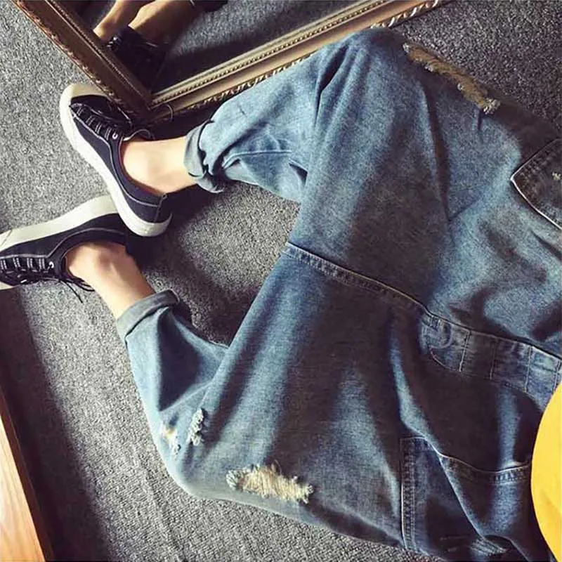 Loose Baggy Harem Jeans Men Hip Hop Ripple Jeans Denim Pants Streetwear Low Crotch Distressed Jeans Blue Trousers Male Clothes
