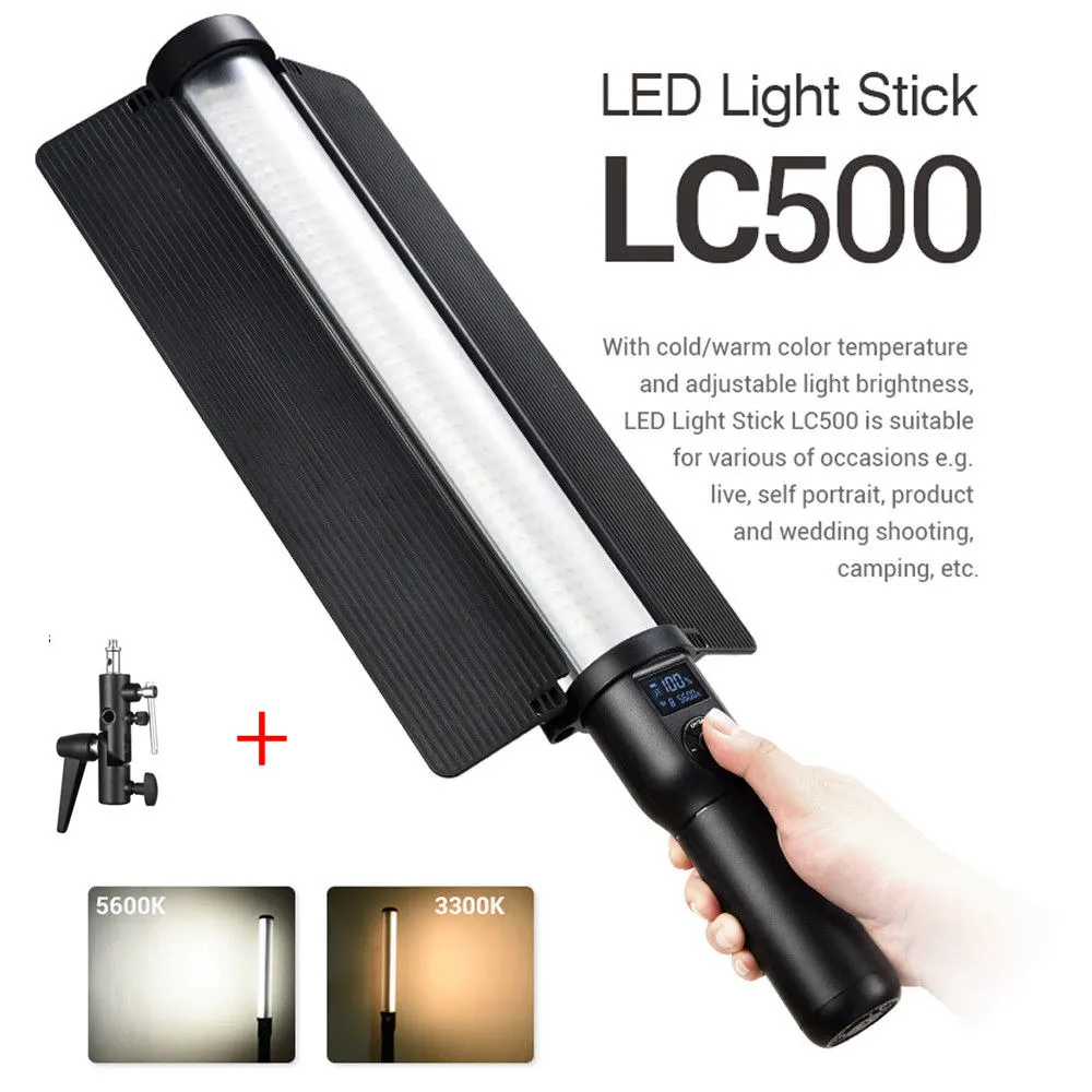 

Godox LC500 Handle LED Light Stick 3300K-5600K Adjustable Built-in lithiunm Battery + Remote Control Lightting + AC Power Charge