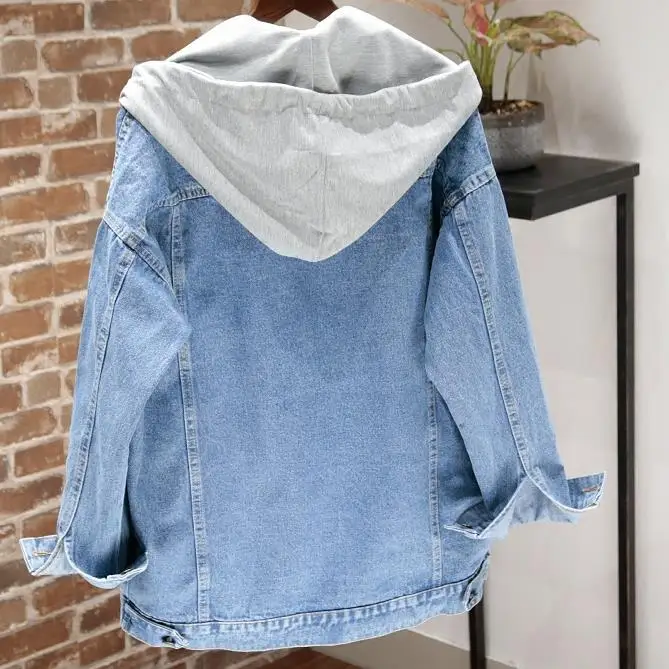 Джинсовая куртка оверсайз для женщин свободная джинсовая с капюшоном пальто
