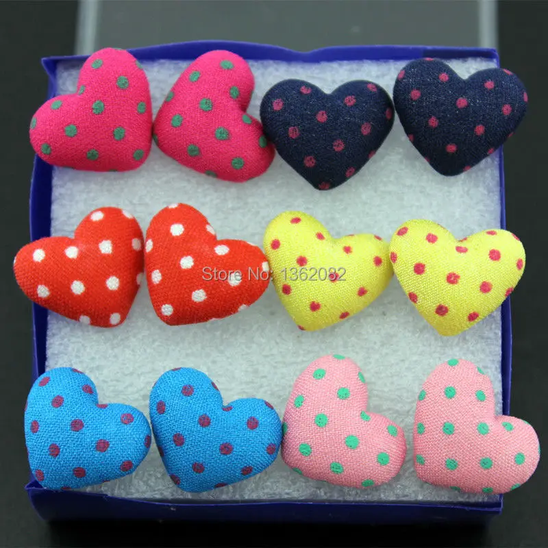 Оптовая продажа 6 пар милые серьги-гвоздики в горошек с пуговицами и сердечками