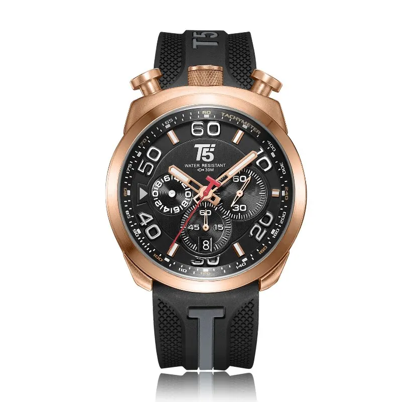 Black Rosegold Роскошные мужские часы с резиновым ремешком T5 золотого и черного цвета, кварцевые часы с хронографом, подарок, водонепроницаемые спортивные мужские часы, мужские наручные часы - Цвет: Black Rosegold