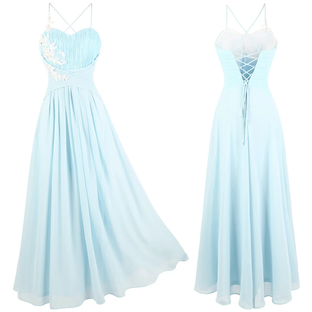 Light blue Angel-Fashion женские спагетти ремень плиссированная аппликация вечернее платье шифоновые вечерние платья Летние Кружева светильник синий 447 - Цвет: Light blue