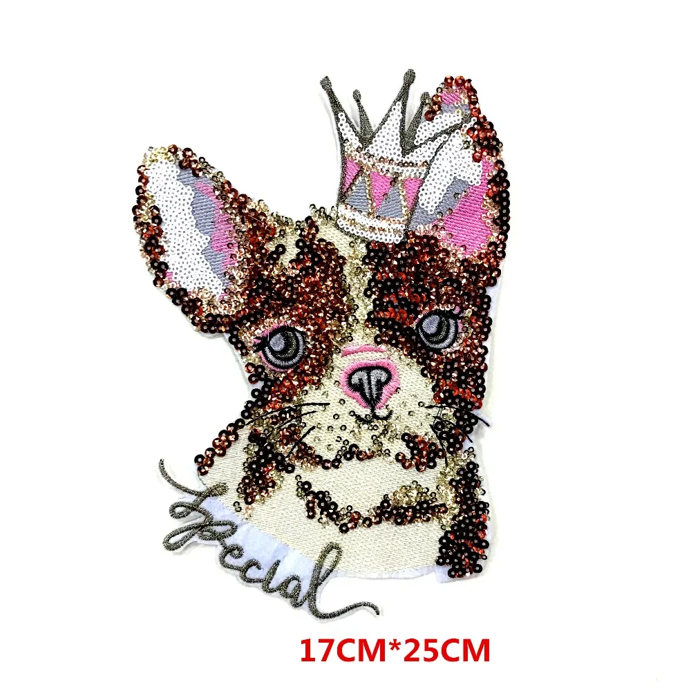 Новый мультфильм вышивка корона с блестками собака большая Ткань наклейки дикая декоративная заплатка джинсовая куртка рубашка футболка одежда наклейки