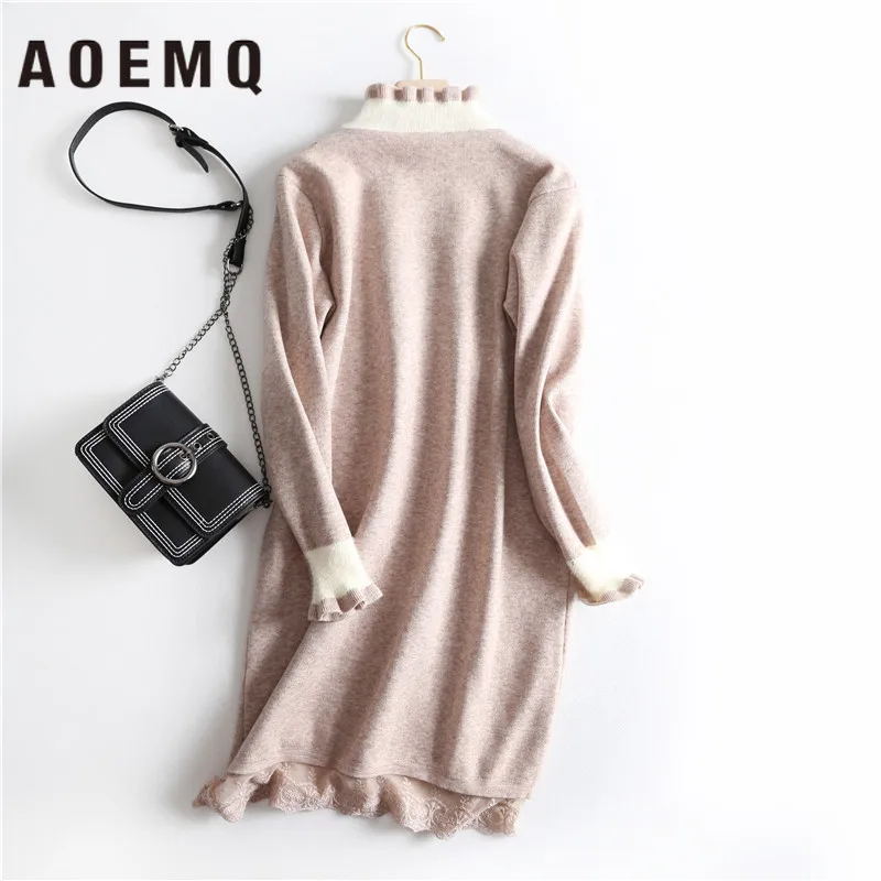 AOEMQ Mesh Lace Stitching Contrast Color Retro Loose Wood Ear Half-high Collar Middle Long Bottom Knit Sweater Dress | Женская одежда